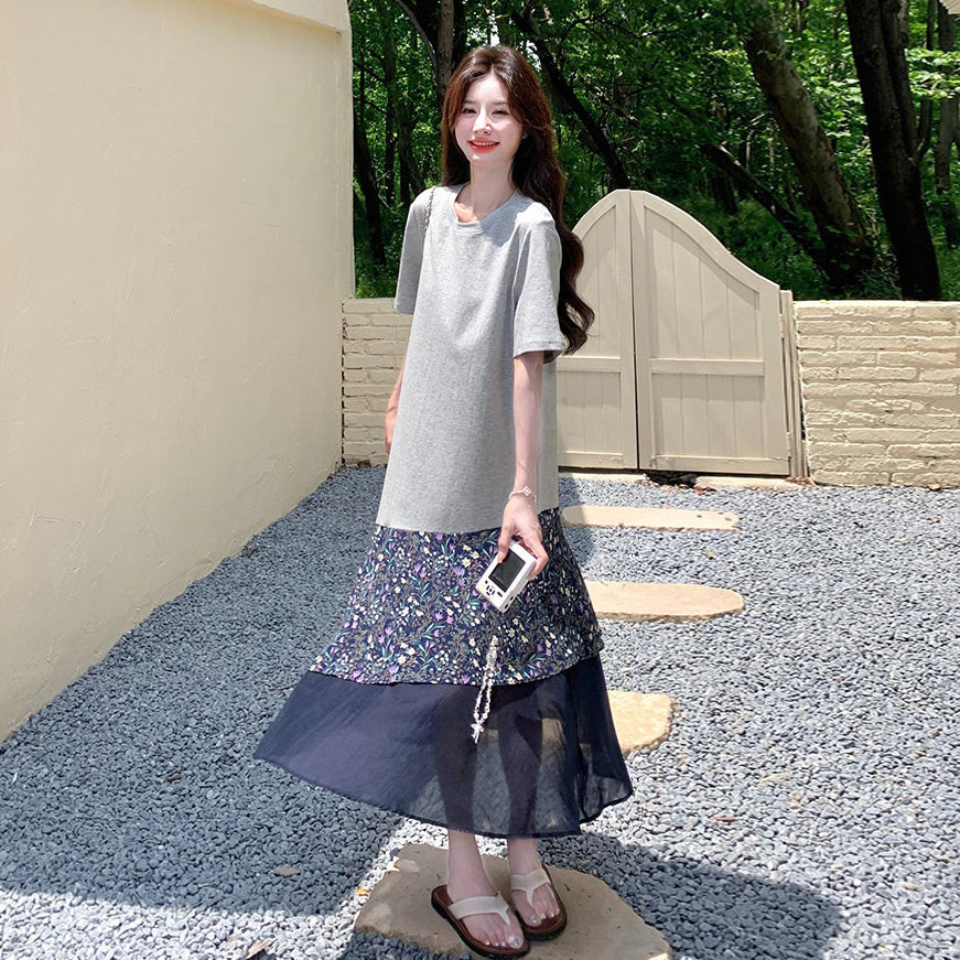 【ワンピース】ワンピース レディース フラワープリント 切替デザイン 半袖 Tシャツワンピース ミディ丈 フレンチレトロ カジュアル【SHシリーズ】