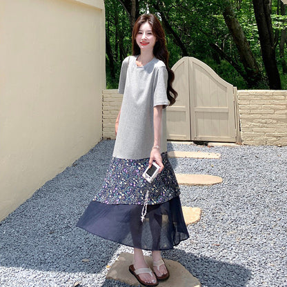 【ワンピース】ワンピース レディース フラワープリント 切替デザイン 半袖 Tシャツワンピース ミディ丈 フレンチレトロ カジュアル【SHシリーズ】