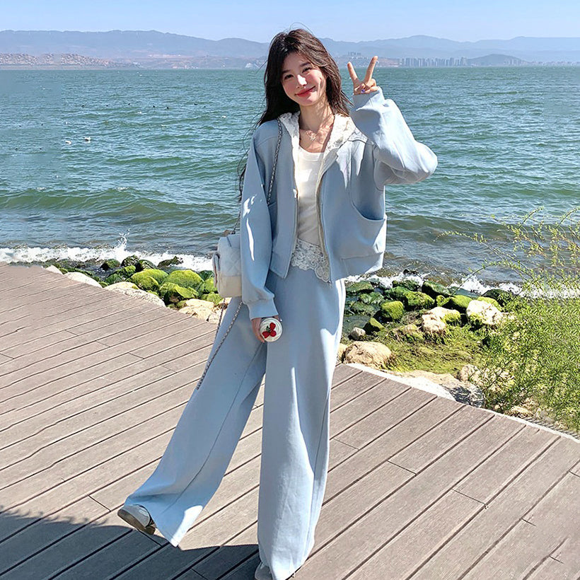 2点セット！【セットアップ】韓国風レース切替フード付きスウェット×ワイドパンツ 上下セット レディース 秋新作 ゆったりカジュアル【JZシリーズ】