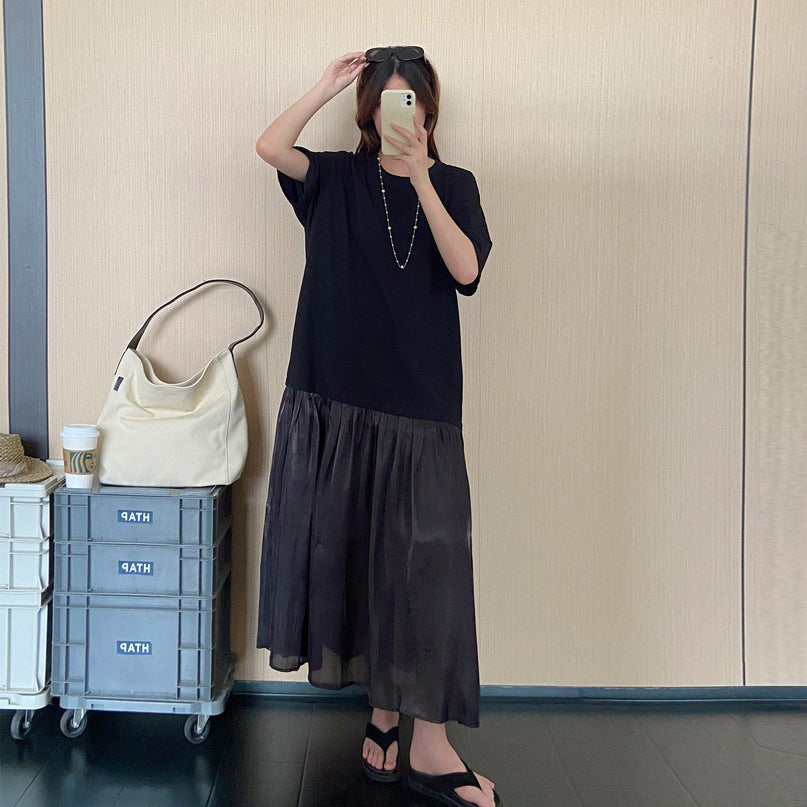 【ワンピース】大きいサイズワンピース レディース 夏 半袖 ブラックワンピース ゆったりシルエット 着痩せ 体型カバー【JZシリーズ】