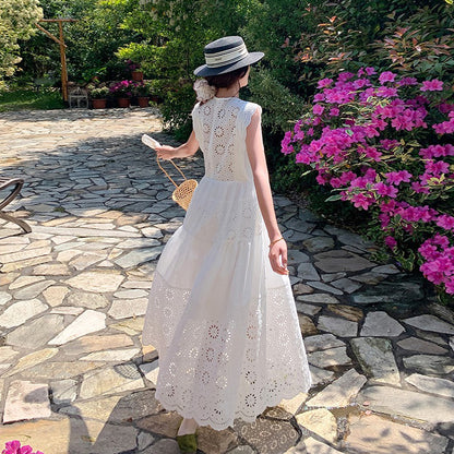 【ワンピース】夏 重工レース刺繍 ハイウエストで細見え ノースリーブワンピース