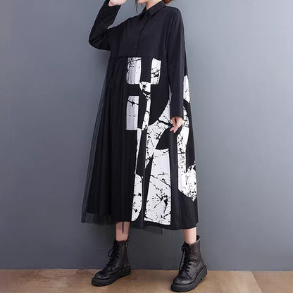 【ワンピース】ゆったり 大きいサイズ チュール切替 ミディ丈ワンピース 文芸レトロ 長袖 レディース レイヤード風 ロングドレス【SHシリーズ】