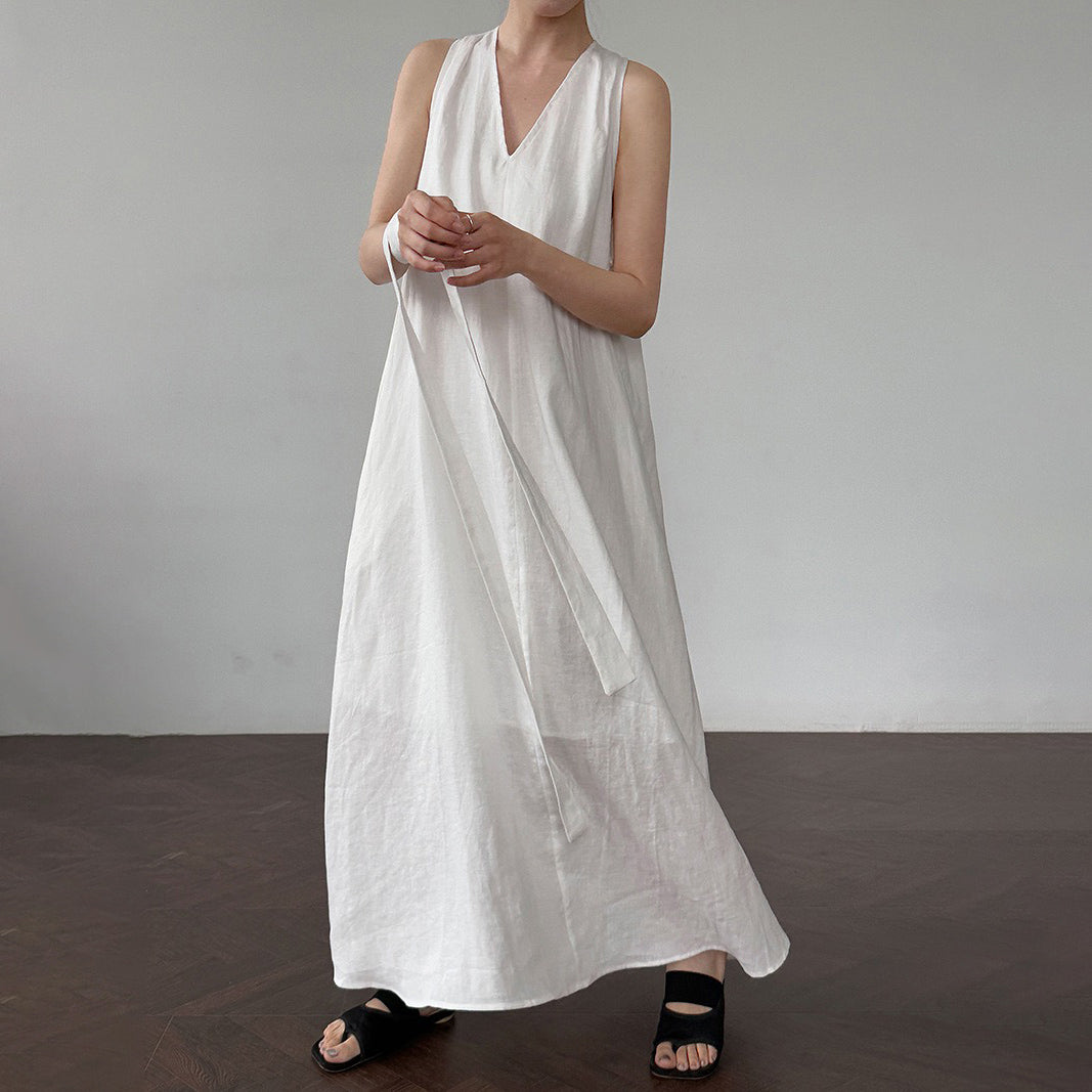 【ワンピース】韓国系シックVネック 夏用 100%苎麻 ノースリーブワンピース【JZシリーズ】