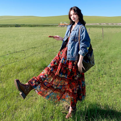 【セットアップ 】レトロデニムジャケット＋花柄キャミワンピース レディース 春秋 上品 可愛いノースリーブワンピース 人気2点セット【SHシリーズ】