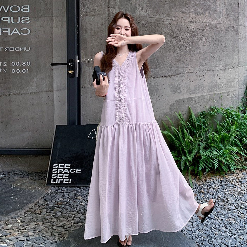 【ワンピース】フレンチ風ワンピース レディース ノースリーブ パープル フリル裾 ロング丈 マキシ丈 夏【JZシリーズ】
