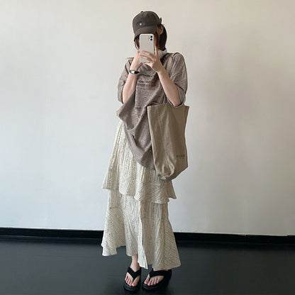 【トップス】ヴィンテージ風 Tシャツ レディース 夏 ミルクティーブラウン 半袖 レタープリント ダメージ加工 ルーズフィット ダークシック 人気【FCシリーズ】