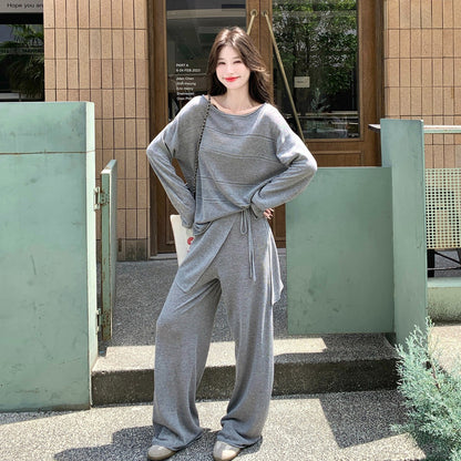 2点セット！【セットアップ】グレーニット 上下セット レディース オフショルダートップス＆ワイドパンツ ゆったり リラックス 秋コーデ【JZシリーズ】
