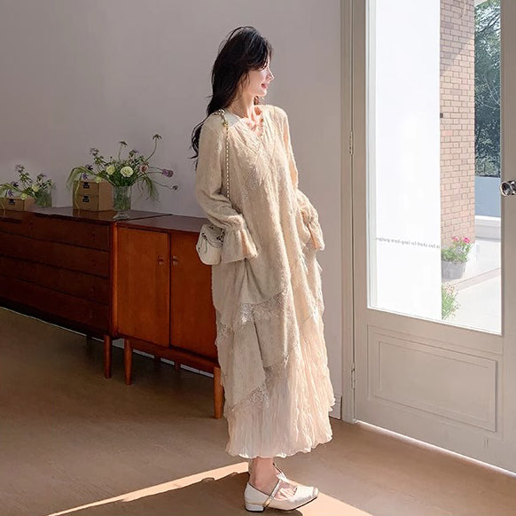 【ワンピース】レンチ風 長袖ワンピース レディース 秋新作 韓国風 優しい雰囲気 人気 気質レース ロング丈 初恋ワンピ【JZシリーズ】