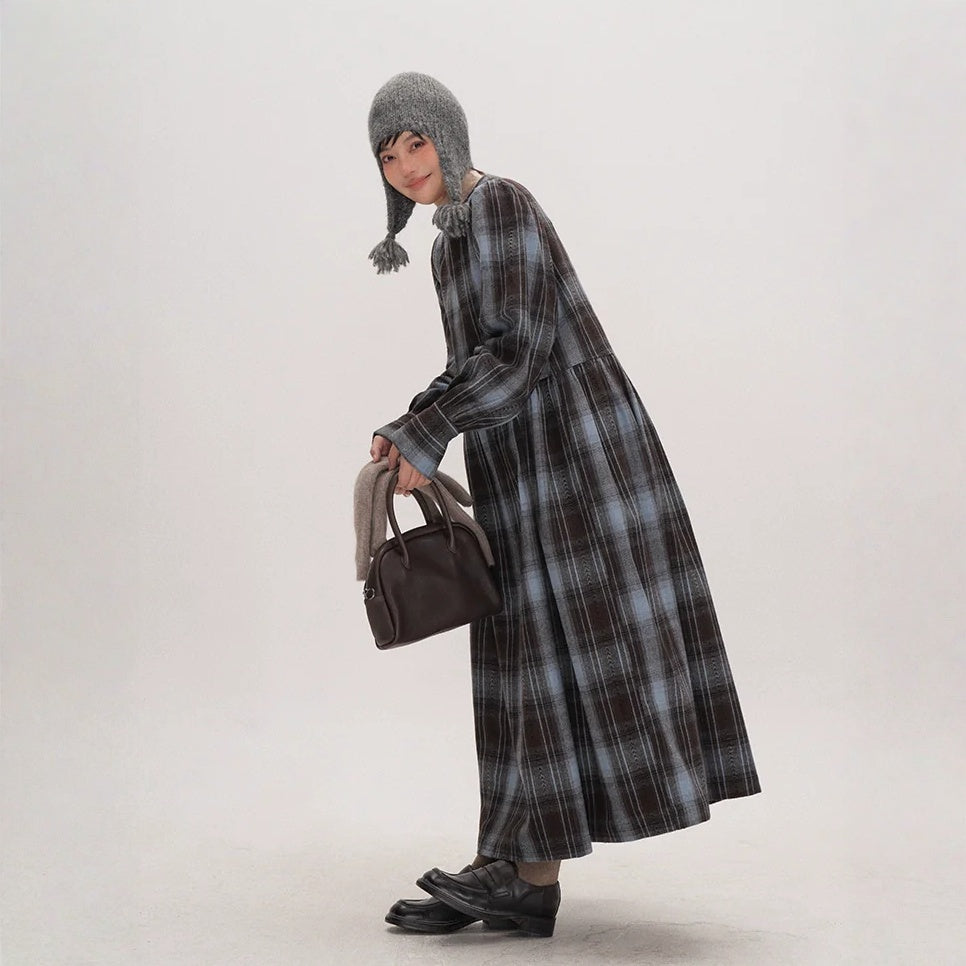 【ワンピース】起毛素材 チェック柄 レトロ クルーネック 長袖 ワンピース 【JZシリーズ】