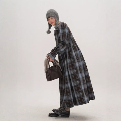 【ワンピース】起毛素材 チェック柄 レトロ クルーネック 長袖 ワンピース 【JZシリーズ】