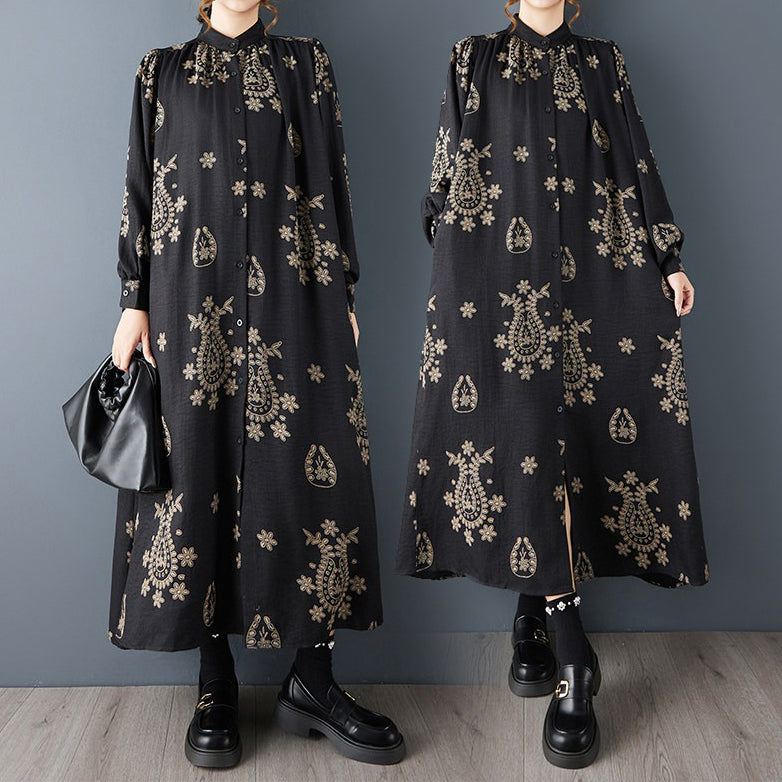 【ワンピース】プリント切替 長袖 シャツワンピース スタンドカラー ゆったり 大きいサイズ ミディ丈 レディース【SHシリーズ】