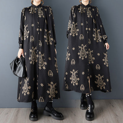 【ワンピース】プリント切替 長袖 シャツワンピース スタンドカラー ゆったり 大きいサイズ ミディ丈 レディース【SHシリーズ】