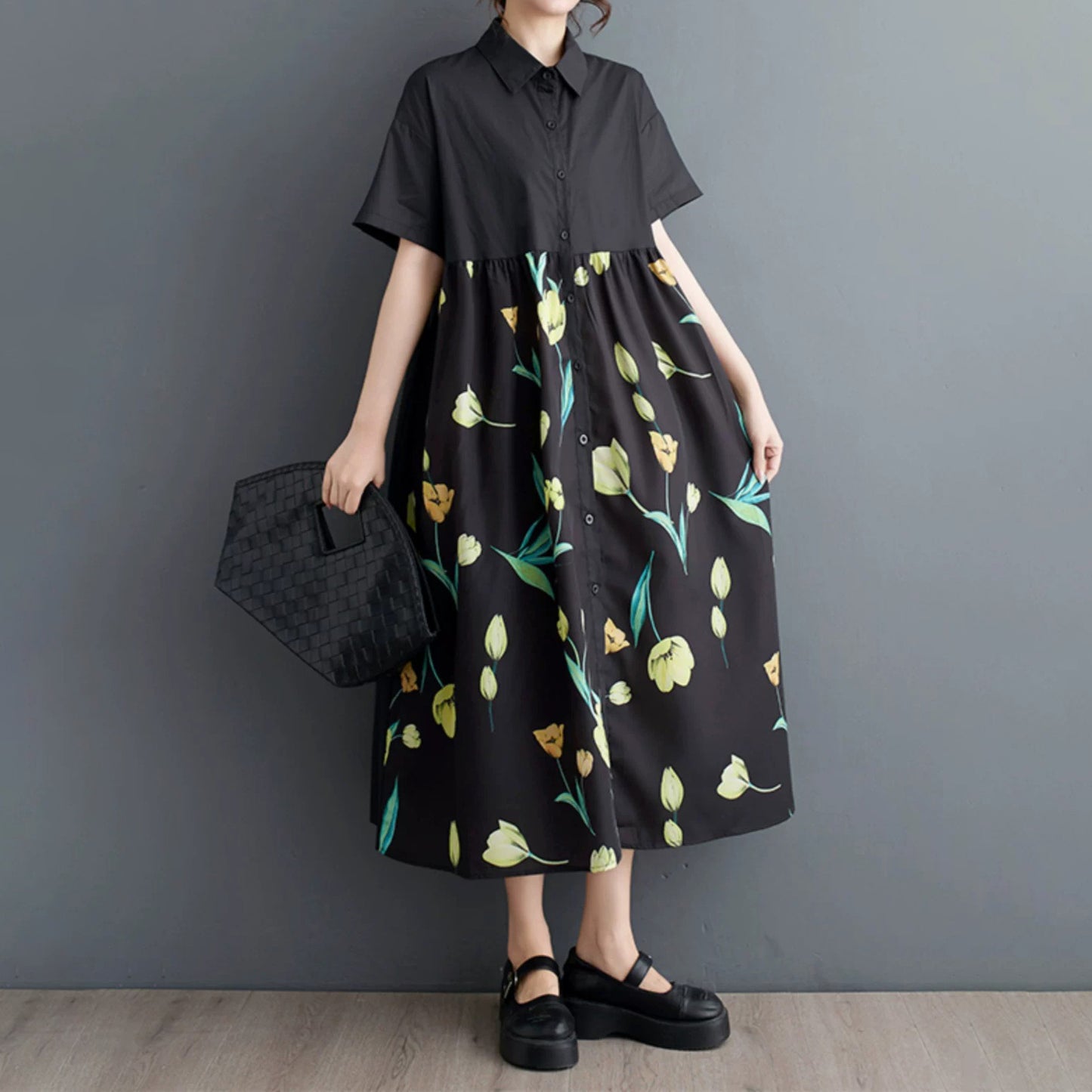 【ワンピース】柄切替ワンピース レディース 夏 半袖 Aライン ゆったり 大きいサイズ 体型カバー ロング丈【SHシリーズ】