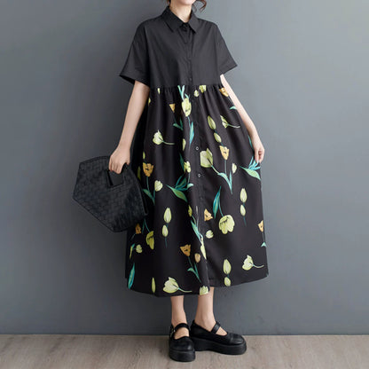 【ワンピース】柄切替ワンピース レディース 夏 半袖 Aライン ゆったり 大きいサイズ 体型カバー ロング丈【SHシリーズ】
