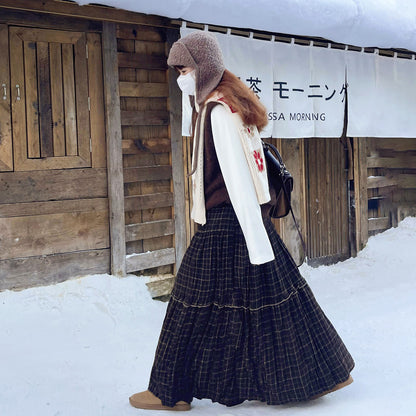 【ボトムス】チェック柄 フレアロングスカート 裏起毛 秋冬 新作 レトロ 細見え【SHシリーズ】
