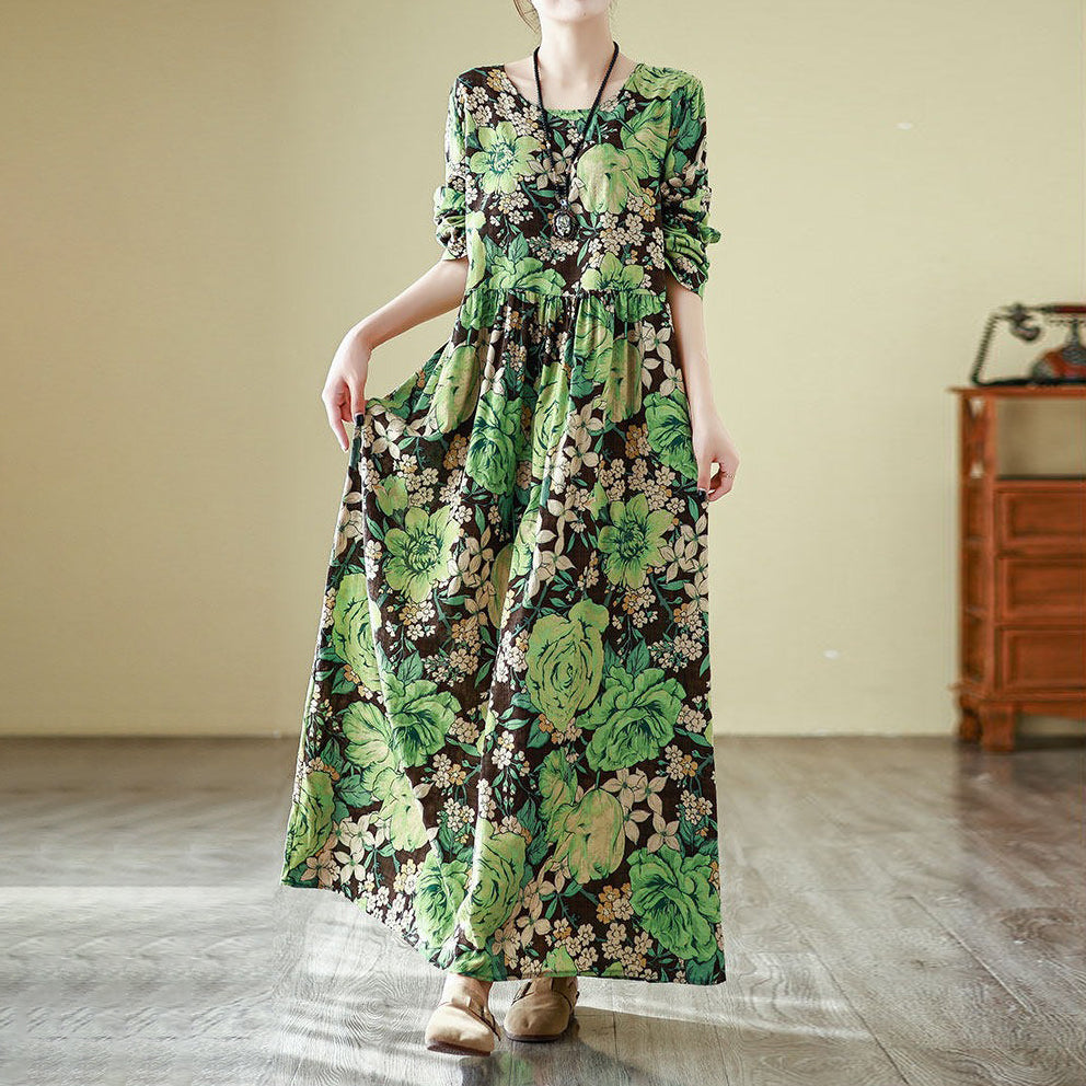 【ワンピース】花柄 気質アップ レディース 長袖ワンピース リゾート風 旅行用 丸首 ヴィンテージ風 レス【SHシリーズ】
