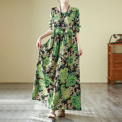 【ワンピース】花柄 気質アップ レディース 長袖ワンピース リゾート風 旅行用 丸首 ヴィンテージ風 レス【SHシリーズ】