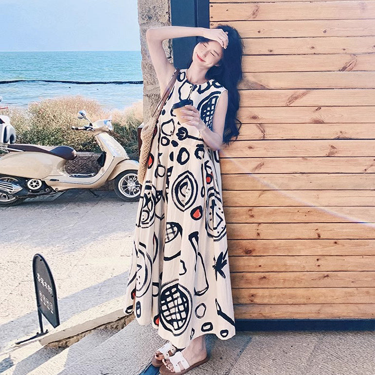 【ワンピース】デザイン感ある フレアノースリーブワンピース 夏新作 リゾート風ワンピース【SHシリーズ】