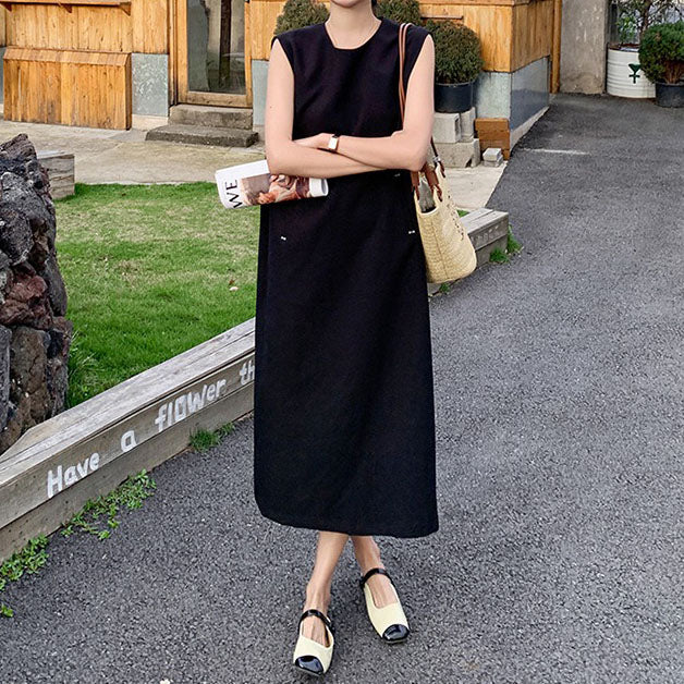 【洋裝】法式風夏季新款腰標修身後開襟成熟女人味無袖連身裙
