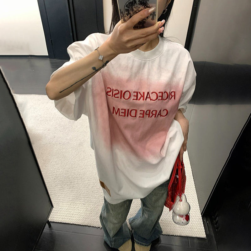【トップス】ヴィンテージ風 立体刺繍 ダメージ加工 半袖Tシャツ 夏 ルーズ リラックス カジュアル【FCシリーズ】