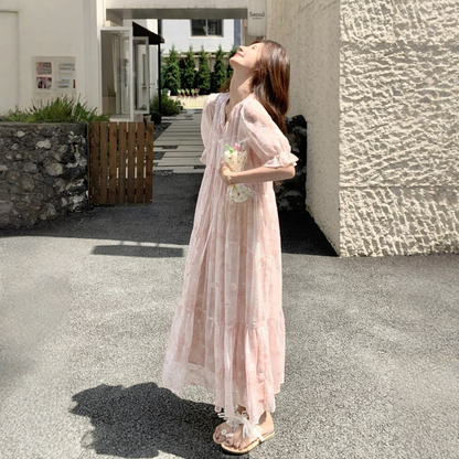 【ワンピース】スウィートな リボンネック 小花柄 ロングワンピース 【SHシリーズ】
