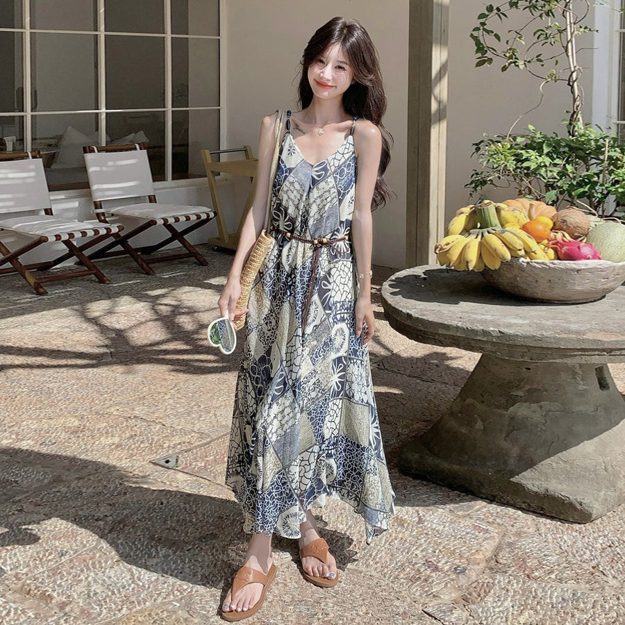 【ワンピース】夏新作 ボヘミアンリゾート風 シフォンプリント ノースリーブワンピース 大人可愛いAラインシルエット【SHシリーズ】