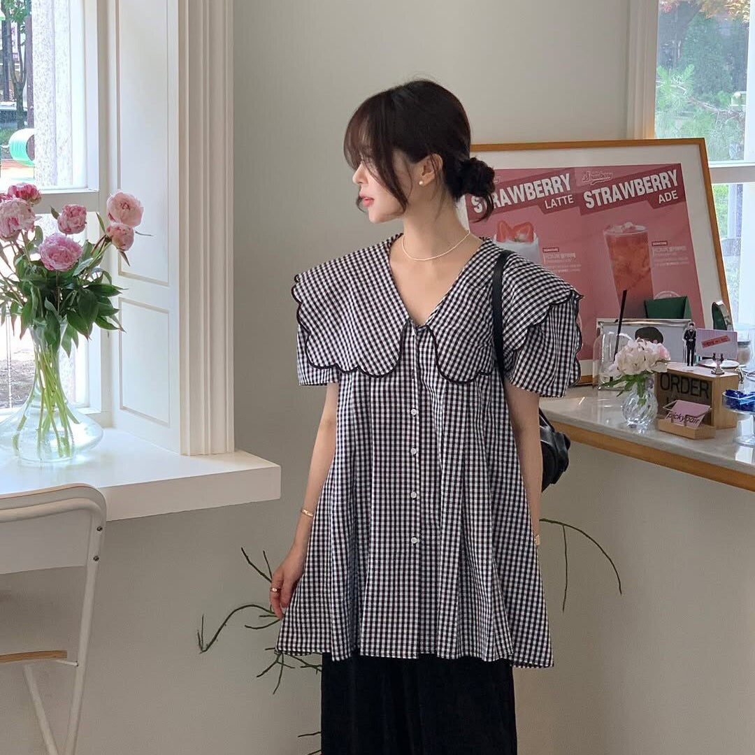 【トップス】韓国風 刺繍ビッグカラーチェックブラウス レディース 大人可愛い 襟付き ゆったり シルエット カジュアル【JZシリーズ】