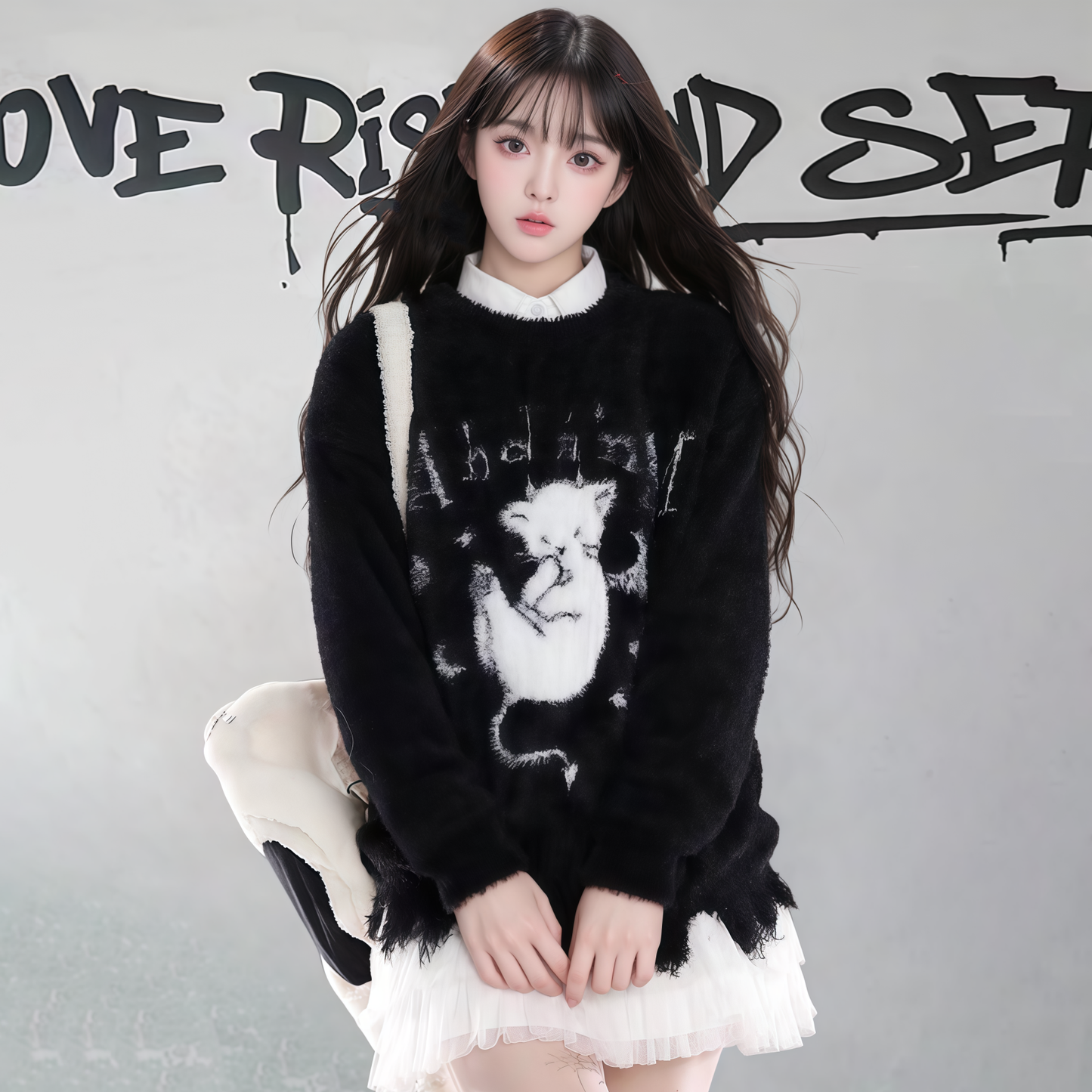 【トップス】ダメージ加工 猫モチーフ ニットセーター レディース 秋冬 ゆったり ルーズ カジュアル【FCシリーズ】