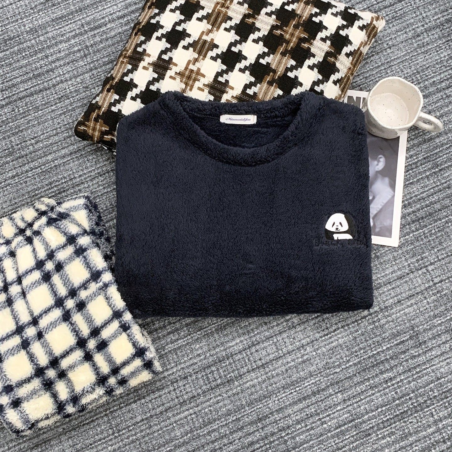 【インナー】チェック柄 パンダ コーラルフリース 厚手 保温 フランネル ルームウェア レディース/メンズ ペア対応 冬