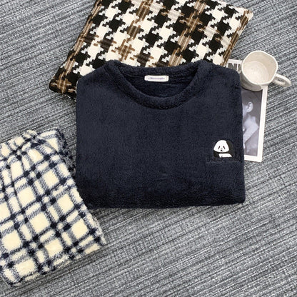 【インナー】チェック柄 パンダ コーラルフリース 厚手 保温 フランネル ルームウェア レディース/メンズ ペア対応 冬