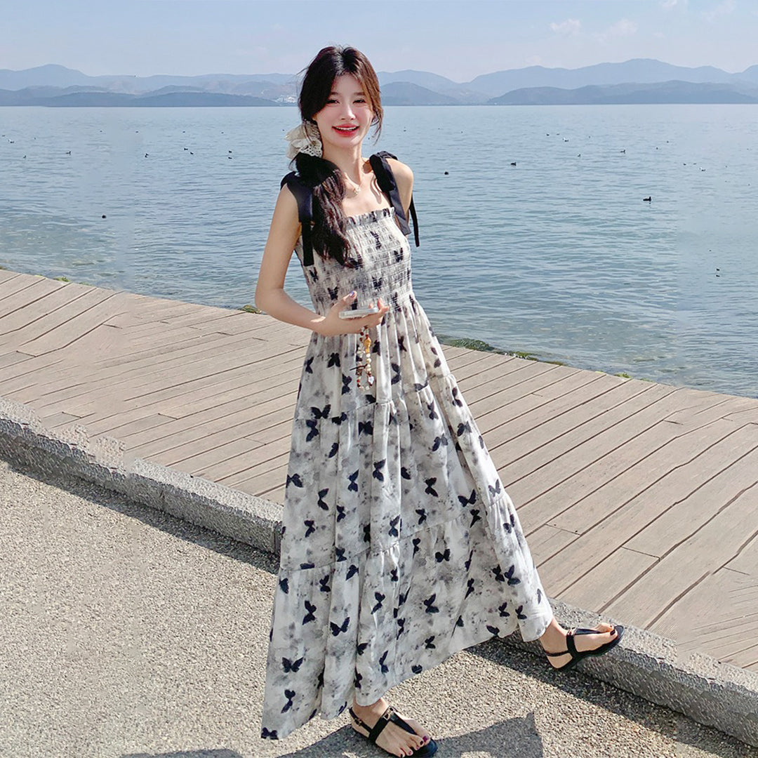 【ワンピース】夏 優しくかわいらしい 水墨蝶柄 カラーブロック ノースリーブワンピース【SHシリーズ】