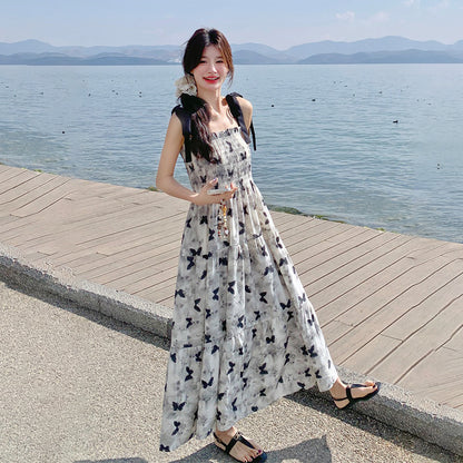 【ワンピース】夏 優しくかわいらしい 水墨蝶柄 カラーブロック ノースリーブワンピース【SHシリーズ】