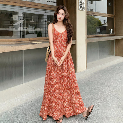 【ワンピース】夏新作 レッド 幾何柄 キャミワンピース ボヘミアン風 海辺 旅行 リゾート 着痩せ リラックス ロング丈【SHシリーズ】