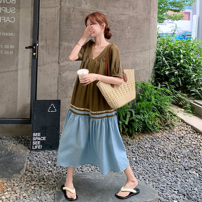 【ワンピース】夏 フレンチ ヴィンテージ  大人可愛い 配色 半袖ワンピース レディース 気質 若見え 超美しい Aラインロングドレス【JZシリーズ】