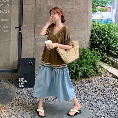 【ワンピース】夏 フレンチ ヴィンテージ  大人可愛い 配色 半袖ワンピース レディース 気質 若見え 超美しい Aラインロングドレス【JZシリーズ】