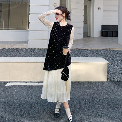 2点セット【セットアップ】フレンチ 高級感 ドット柄  セットアップ 2026春新作 レース切替 キャミワンピース＆インナーレディース【SHシリーズ】