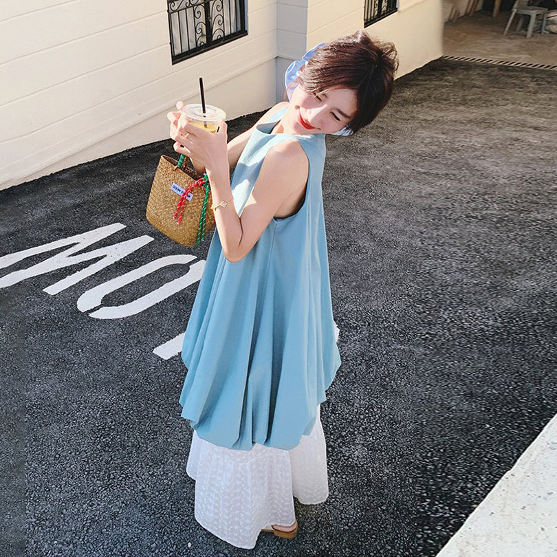 2点セット！【セットアップ】夏新作 優しげコーデ ノースリーブワンピース ＋ レースワイドパンツ 2点セット【JZシリーズ】