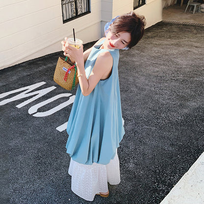 2点セット！【セットアップ】夏新作 優しげコーデ ノースリーブワンピース ＋ レースワイドパンツ 2点セット【JZシリーズ】