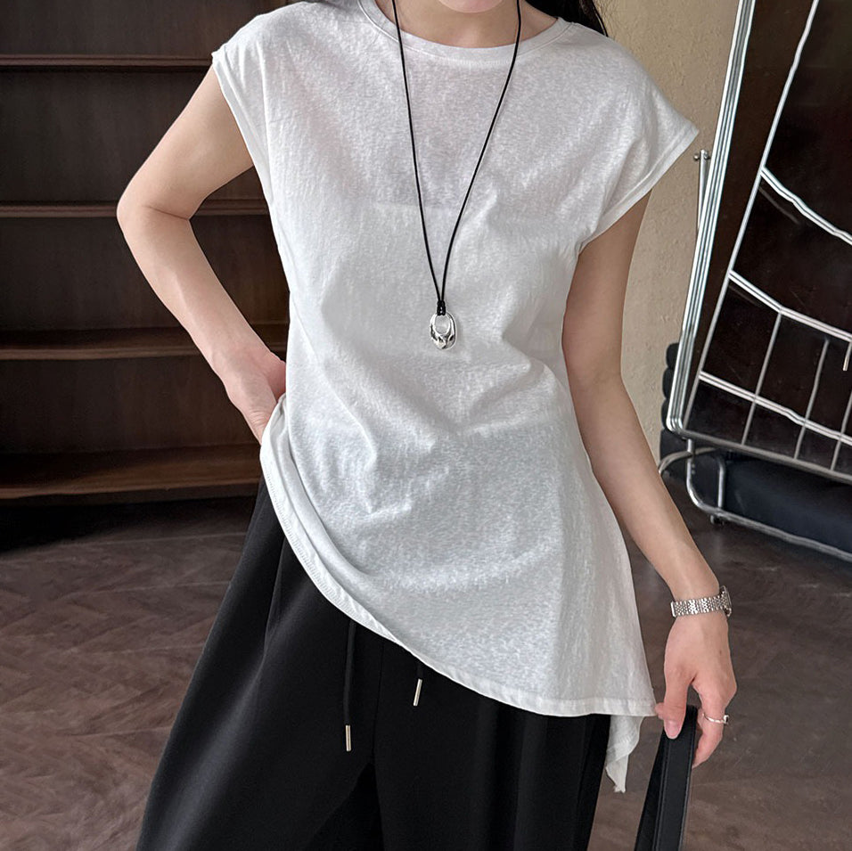 【トップス】韓国風 シンプル 夏新作 ウエストマーク 不規則デザイン 半袖Tシャツ【SNシリーズ】