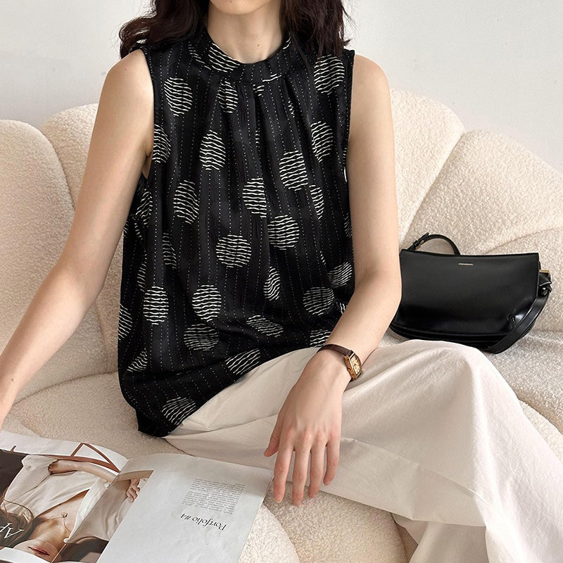 【トップス】夏新作 ファッションラウンドネック ドット柄 ゆったり 着痩せ 気品あふれる ノースリーブシャツ【JZシリーズ】【SHシリーズ】