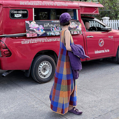 【ワンピース】カラフルチェック Uネックノースリーブオフショルダーワンピース レディース 夏新作 韓国風 ゆったりAラインロングドレス【SHシリーズ】