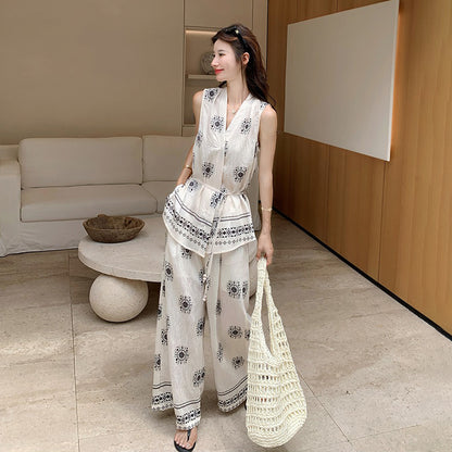 2点セット！【セットアップ】エスニック柄ベスト＋ワイドパンツ 上下セットアップ 韓国風 夏 レディースコーデ【SHシリーズ】