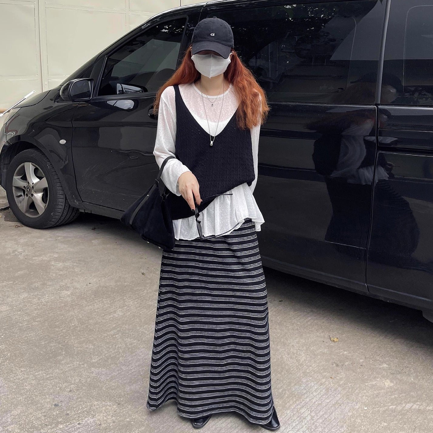 【ボトムス】レトロ ストライプ ニットスカート 初秋新作 ハイウエスト スリム見え Aラインスカート【SHシリーズ】