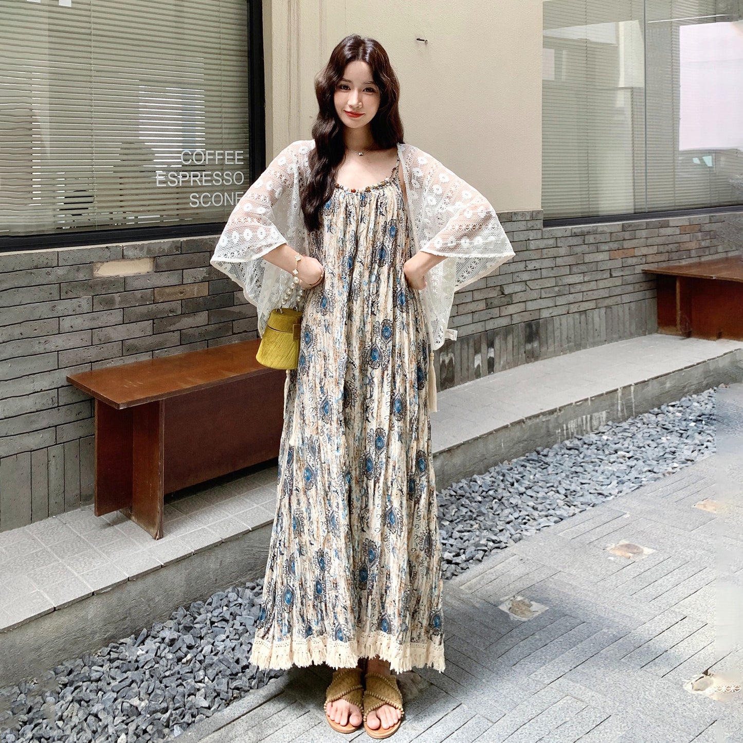 【ワンピース】レースショール付き！フレンチ風プリントノースリーブワンピース・夏のバカンスコーデ【SHシリーズ】