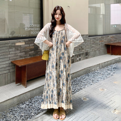 【ワンピース】レースショール付き！フレンチ風プリントノースリーブワンピース・夏のバカンスコーデ【SHシリーズ】