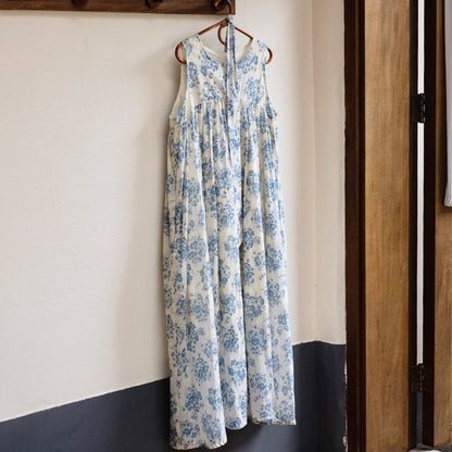 【ワンピース】フレンチシンプル ブルーフラワー プリント 大きな裾広がり Aライン ノースリーブワンピース【SHシリーズ】