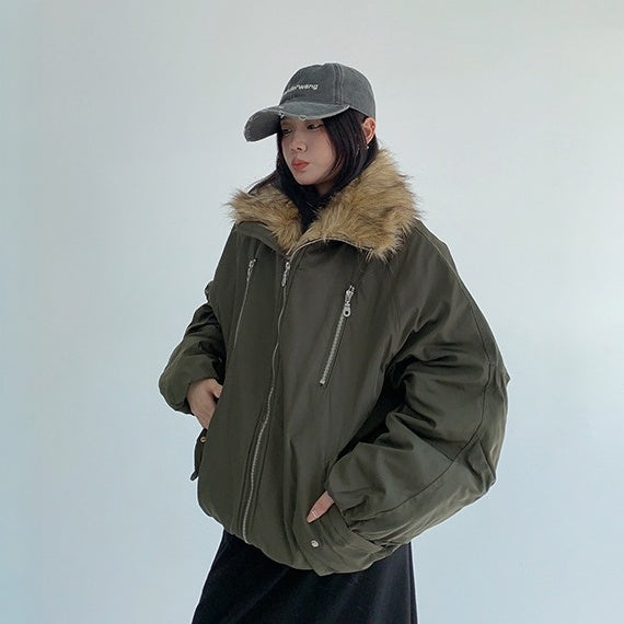 【アウター】春 秋 冬 ニッチ 切り替え ファー襟 厚手 中綿 ジャケット 【FCシリーズ】