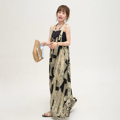 【ボトムス】ゆったりラフ感 オーバーサイズ サロペット 夏新作 アート水墨プリント ワイドパンツオールインワン【SHシリーズ】