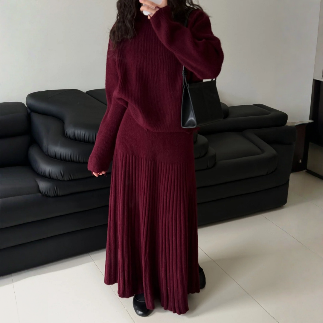 【セットアップ】春 秋 冬 クルーネック セーター + ハイウエスト  細見え プリーツスカート 2点セット 【JZシリーズ】