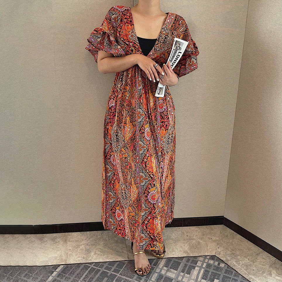 【ワンピース】ヴィンテージ風 レディース Vネック 半袖ワンピース 夏新作 ゆったり ミモレ丈 スリム見え フレンチスタイル【SHシリーズ】